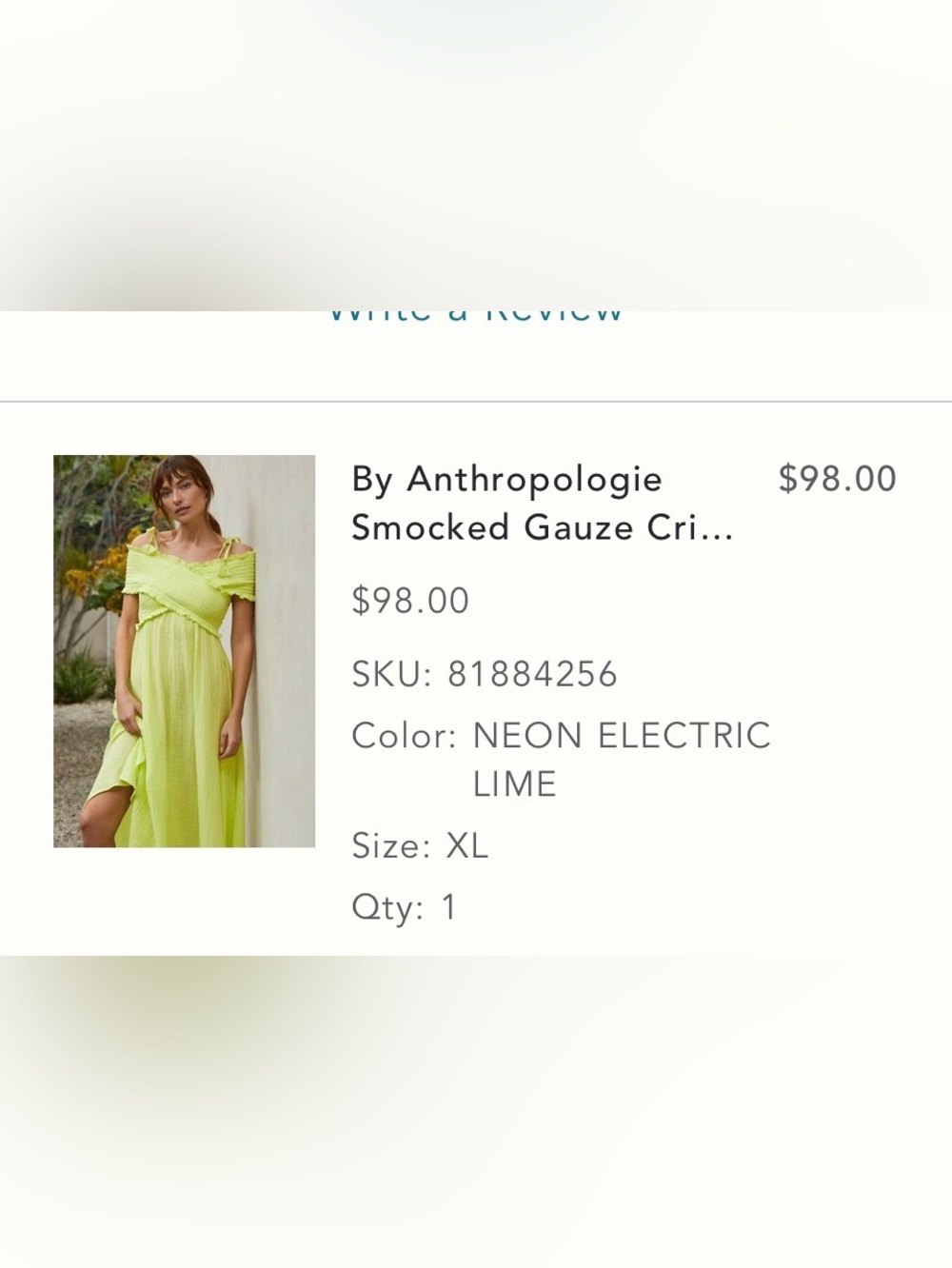 Anthropologie Neon Electric Lime Smocked Gauze Dress